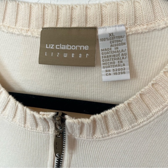 VTG Liz Claiborne Cozy Neutral Ivory Crewneck 1/4 Zip Ribbed Hems XL 100% cotton - Picture 3 of 11